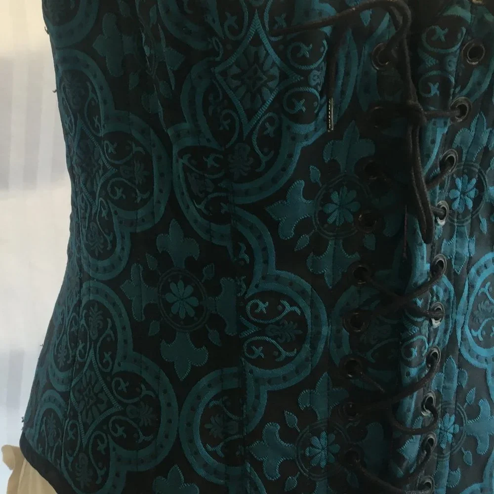 Brocade Reversible Blue Purple Steel Boned Waist Training Shaper Corset Sz Lg - Picture 12 of 16